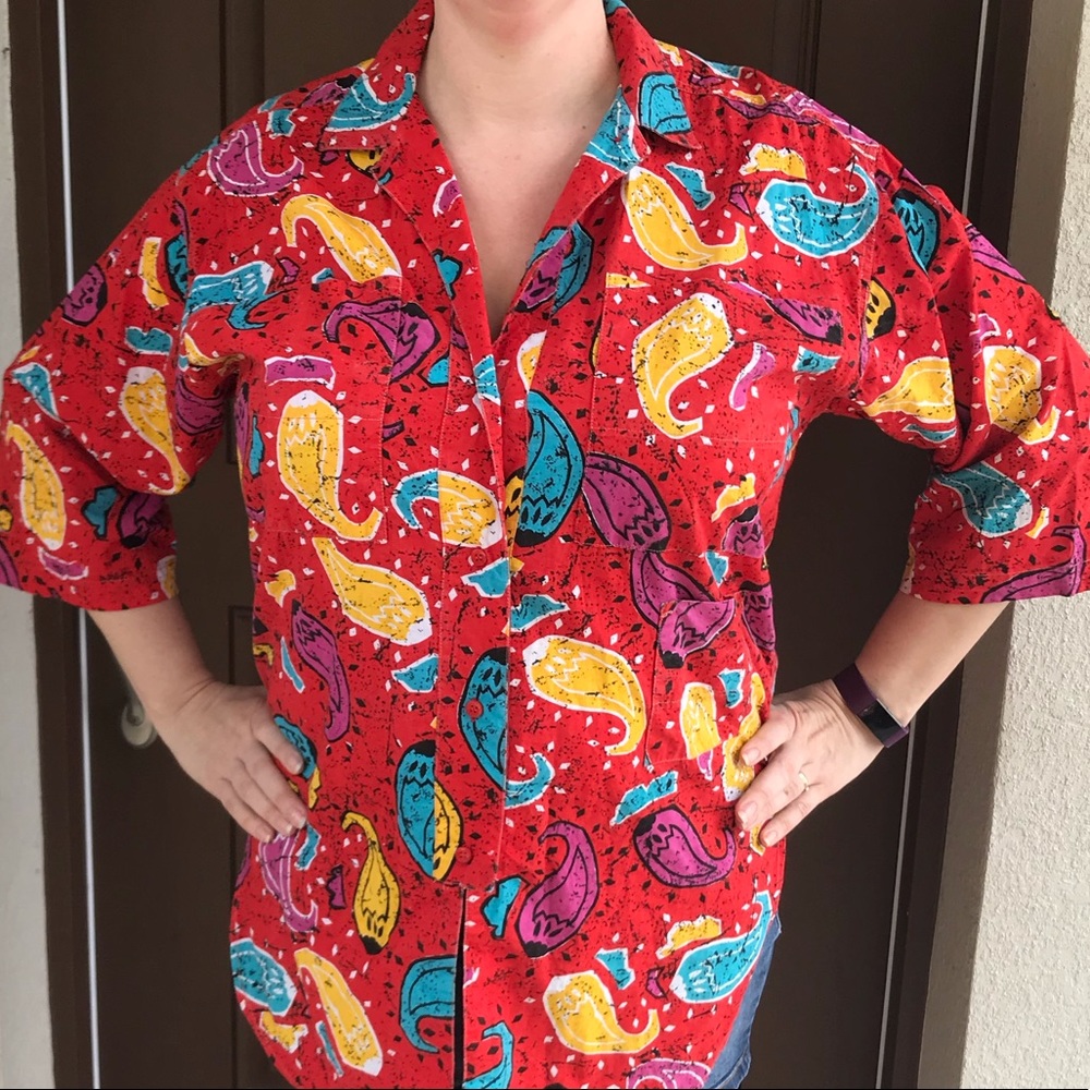 Bright Red Chili Print Button Up Shirt VTG - L